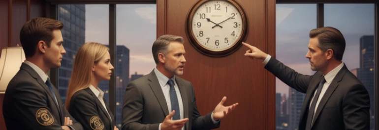  empresario reunido con un sindicato mientras señala al reloj 