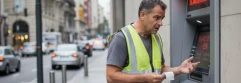  hombre sorprendido con chaleco de trabajo frente a cajero automático 