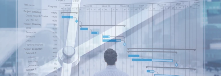  Una persona observa un gráfico de Gantt sobre tareas y progreso de un proyecto. 