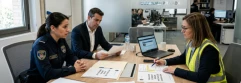  Trabajadora en oficina de seguridad privada en reunión con técnico de prevención 