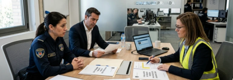  Trabajadora en oficina de seguridad privada en reunión con técnico de prevención 