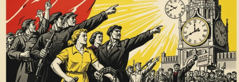  Grupo de obreros en un poster inspirado en la publicidad comunista del siglo XX apuntando al reloj 