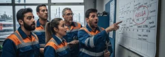  Trabajadores con uniforme azul y naranja viendo calendario de huelga para servicio de trenes 