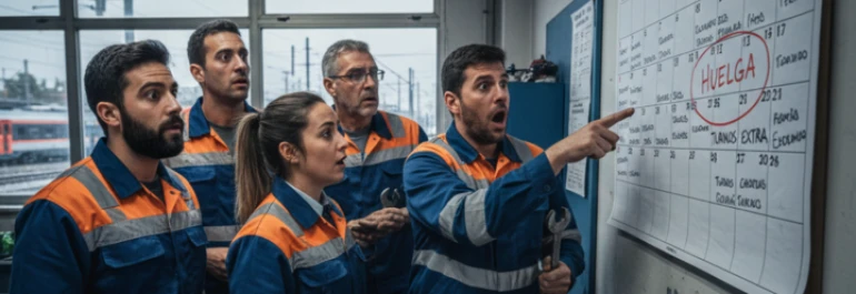  Trabajadores con uniforme azul y naranja viendo calendario de huelga para servicio de trenes 