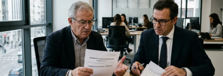  Trabajador jubilado mirando papeles de jubilación con empresario 