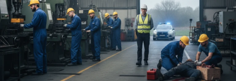  nave industrial con trabajadores a un lado, al otro un trabajador accidentado y en el fondo se vea al responsable de prevención de riesgos laborales mientras entra la policía 