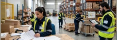  Trabajadores en un almacén, responsable con tablet y trabajadora revisando documentos 