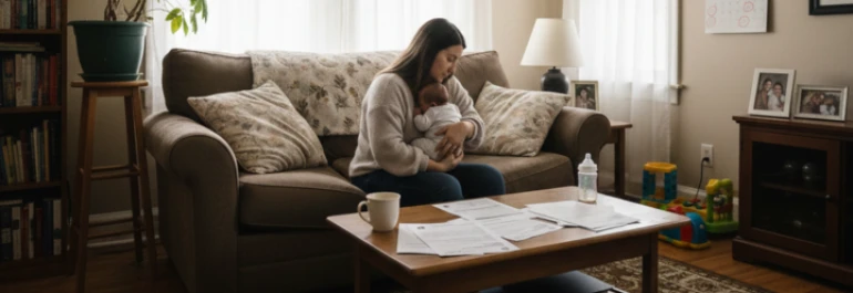  Mujer sujetando a su bebé sentada en su sofá frente a su mesa en la que hay un biberón, una taza y documentación 