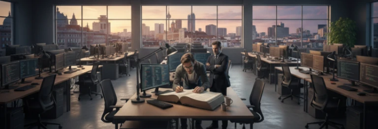  Jefe molesto junto a su trabajador que analiza el código 