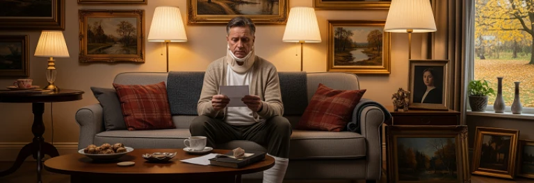  Un señor en el sofa de su casa leyendo una carta y lleva escayola 