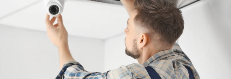  Un hombre instala una cámara de seguridad en el techo. 