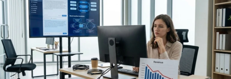  Mujer trabajando frente a ordenador, junto a pantalla de traducciones y frente a un gráfico que indica pérdidas 