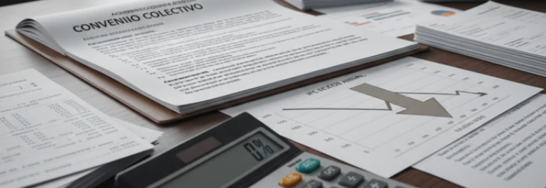  Convenio Colectivo abierto sobre escritorio junto a papeles con gráficos y calculadora 