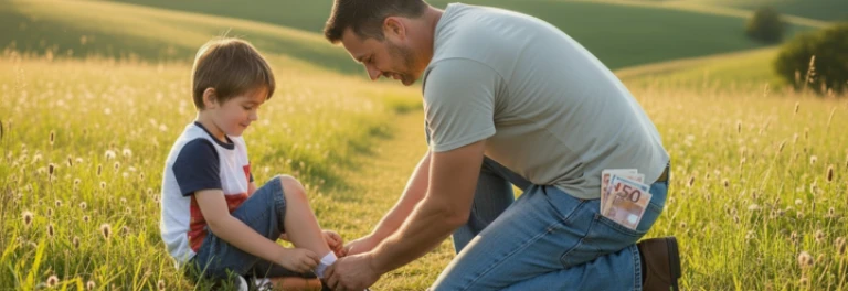  Padre con camiseta verde y vaqueros ayuda a su hijo en el campo con billetes en su bolsillo de atrás 