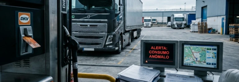  Dos pantallas, una con un mapa, otra con una alerta, en una gasolinera con un camión de fondo 