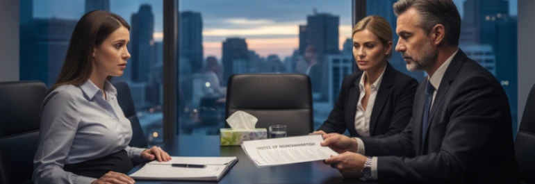  trabajadora embarazada siendo despedida sentada frente a dos empresarios 