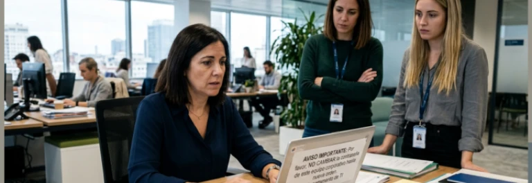 trabajadora utilizando un ordenador portátil mientras las subdirectoras esperan para usarlo 