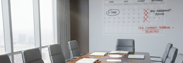  Sala de reuniones con asientos de cuero vacíos frente a un calendario que rechaza la propuesta de vacaciones de la empresa 