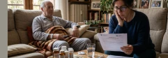  Trabajadora con padre en cuidados domiciliarios revisando papeles 
