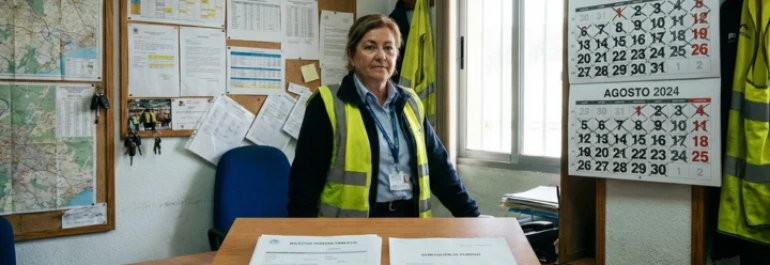  Trabajadora de transporte con chaleco reflectante, frente a escritorio con documentos laborales y junto al calendario 