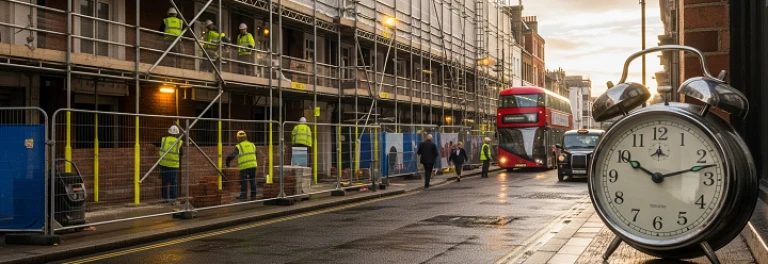  Una calle de londren con obreros construyendo un edificio 