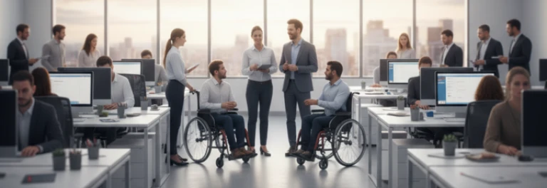  Oficina llena de personas, con el pasillo de frente en el que hay personas en silla de ruedas 