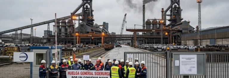  Fábrica con trabajadores fuera haciendo huelga con cascos blancos y chalecos reflectantes 