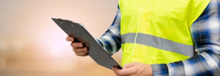  Una persona con chaleco reflectante sostiene un portapapeles. 