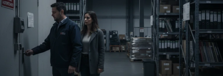  hombre con chaqueta azul, abriendo la puerta de solo personal autorizado acompañado con una mujer 