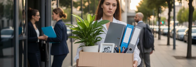  Una empleada sale de una oficina con una caja con sus cosas personales. 