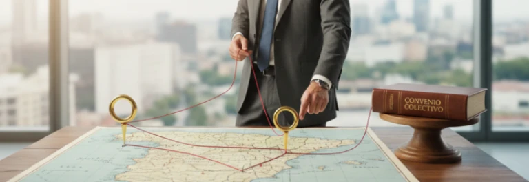  Empresario tratando de conectar dos puntos de España con hilo rojo al Convenio Colectivo 