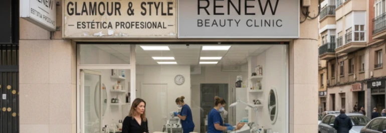  trabajadora viendo desde fuera su centro de trabajo con otro nombre y otras trabajadoras tras una sucesión 