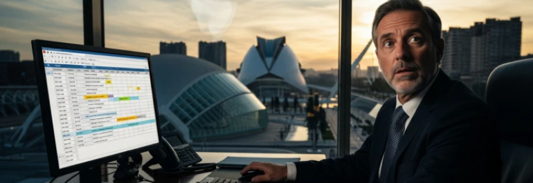  Hombre de traje modificando los horarios de sus trabajadores frente a un ventanal en Valencia 