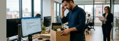  Trabajador recogiendo sus cosas dudando de la baja laboral, trabajadora de recursos humanos mirando 