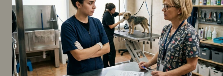  Peluquera de perros en veterinaria mostrando disconformidad con su empleadora 