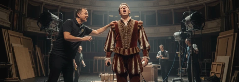  actor vestido con ropa victoriana tratando de cantar con el director sujetándolo del hombro y el equipo montando el escenario 