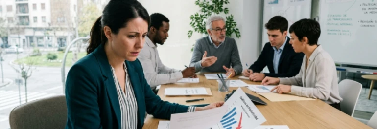  mujer en una oficina `preocupada por una penalizacion económica por ausencia medica 