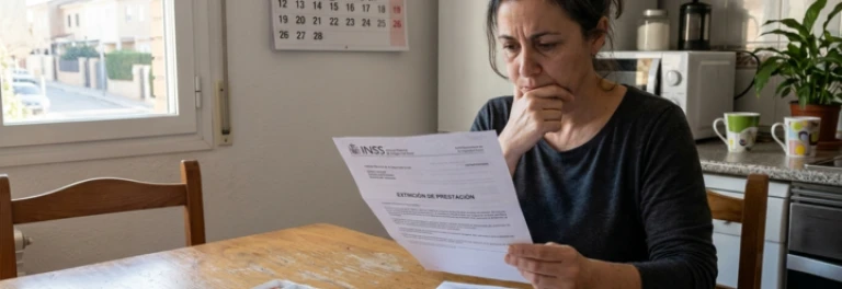  Mujer viendo una notificación de INSS en la mesa de su cocina frente a pastillas y con un calendario de fondo 