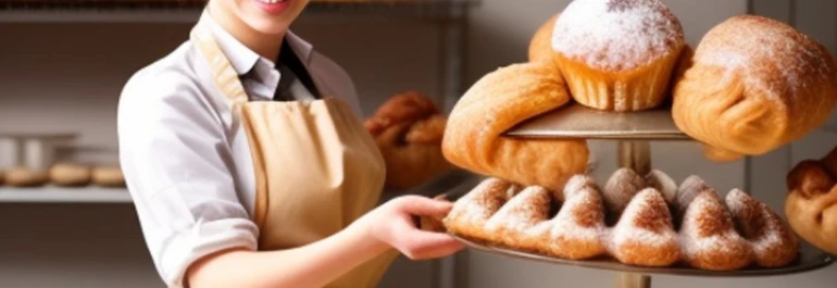  Una persona sonríe y sostiene una charola con productos de panadería espolvoreados con azúcar en polvo. 