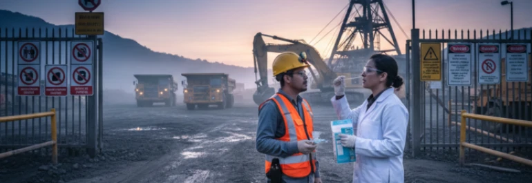  Trabajador de construcción con chaleco reflectante, frente a la entrada de la obra siendo testeado por drogas 