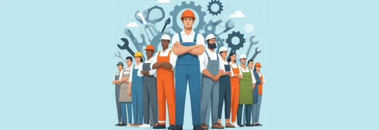  Trabajadores y obreros frente a herramientas que están en el fondo celeste 