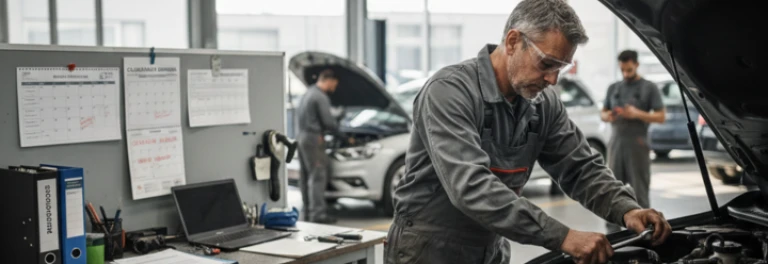  Mecánico senior con mono gris trabajando en coche con documentación, calendarios y ordenador a su espalda 