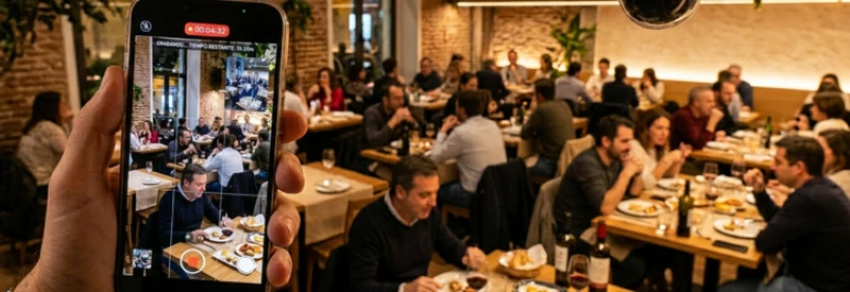  grabación del interior de un restaurante con los clientes comiendo 