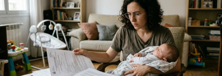  madre soltera con el bebe en brazos leyendo documentos sobre el permiso de nacimiento 