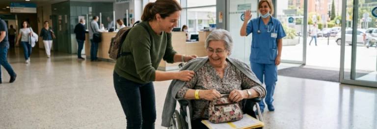  Familiar acompañando a señora mayor en silla de ruedas en el hospital con médico detrás 
