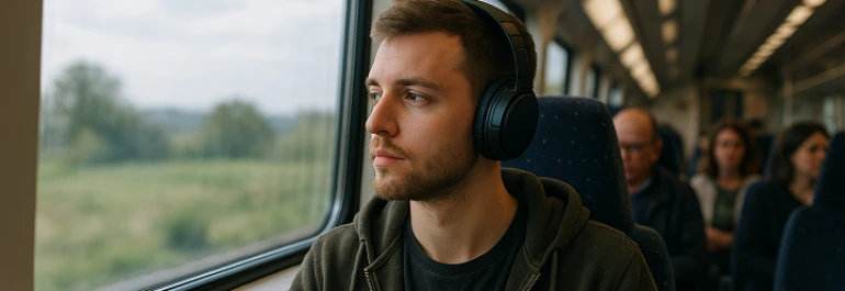  chica con gorra azul y blusa celeste viendo por la ventana de un tren 