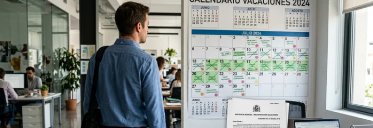  trabajador mirando un calendario con sus dias de vacaciones 