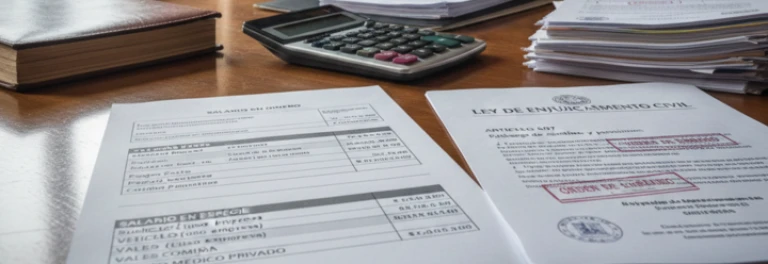  Hoja de calculo junto a papeles con artículos de la LEC sobre escritorio junto a expedientes y calculadora 