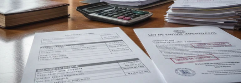  Hoja de calculo junto a papeles con artículos de la LEC sobre escritorio junto a expedientes y calculadora 