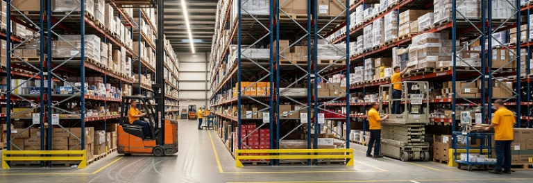  Almacen con estanterias altas con trabajadores. 